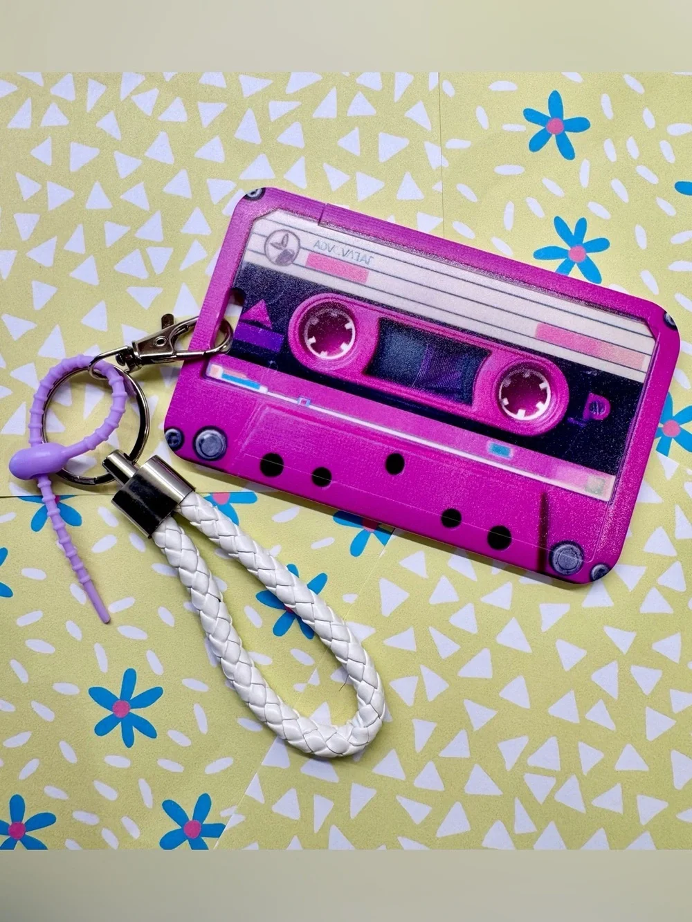 New Retro 80s 90s Style Cassette Tape Purple ID Card Holder & Woven Keychain